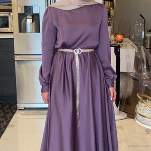 Purple satin evening dress long sleeve